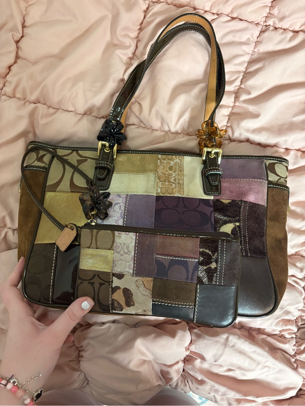 Vintage Coach Patchwork Signature Tote Bag in Multi-Color With Matching Wrislet